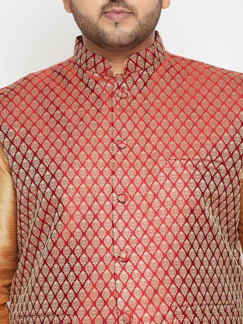 Vastramay Men's Plus Size Rose Gold and Maroon Silk Blend Jacket Kurta Dhoti Pant Set