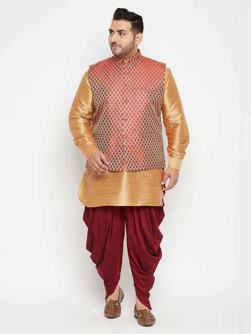 Vastramay Men's Plus Size Rose Gold and Maroon Silk Blend Jacket Kurta Dhoti Pant Set