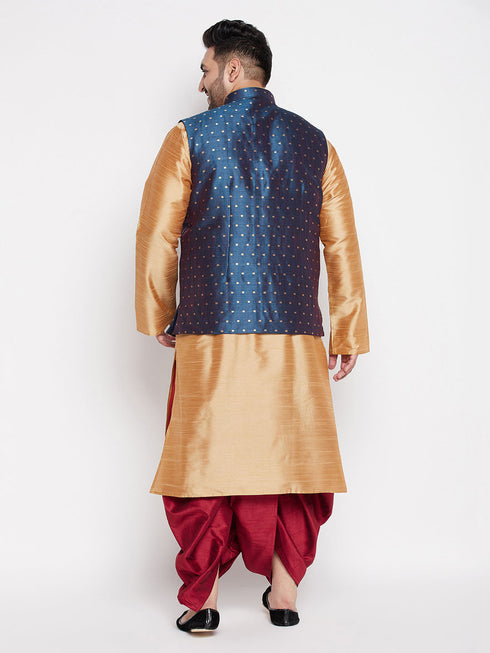 Vastramay Men's Plus Size Blue Zari Weaved Nehru Jacket With Kurta Dhoti set
