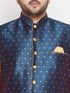 Vastramay Men's Plus Size Blue Zari Weaved Nehru Jacket With Kurta Dhoti set