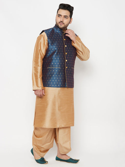 Vastramay PLUS Men's Blue Zari Weaved Nehru Jacket With Kurta Dhoti set