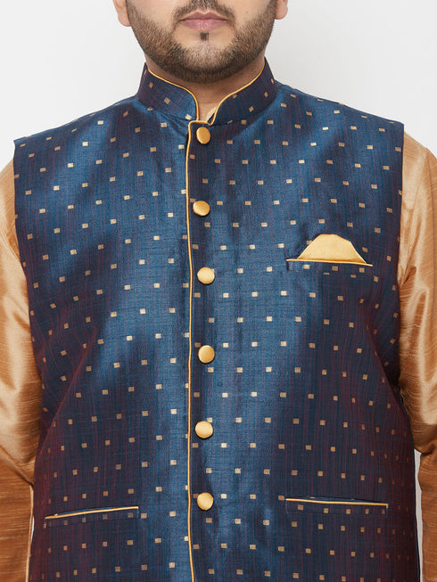 Vastramay PLUS Men's Blue Zari Weaved Nehru Jacket With Kurta Dhoti set