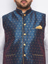 Vastramay Men's Plus Size Blue Zari Weaved Nehru Jacket With Kurta Pyjama set