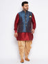 Vastramay Men's Plus Size Blue Zari Weaved Nehru Jacket With Curved Kurta Dhoti set