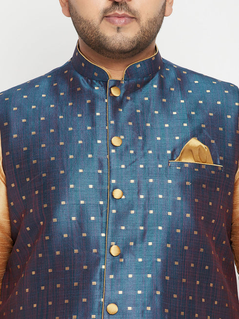 Vastramay Men's Plus Size Blue Zari Weaved Nehru Jacket With Curved Kurta Dhoti set