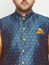 Vastramay Men's Plus Size Blue Zari Weaved Nehru Jacket With Curved Kurta Dhoti set