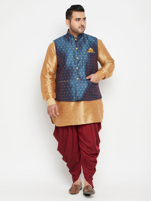 Vastramay Men's Plus Size Blue Zari Weaved Nehru Jacket With Curved Kurta Dhoti set