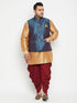 Vastramay Men's Plus Size Blue Zari Weaved Nehru Jacket With Curved Kurta Dhoti set