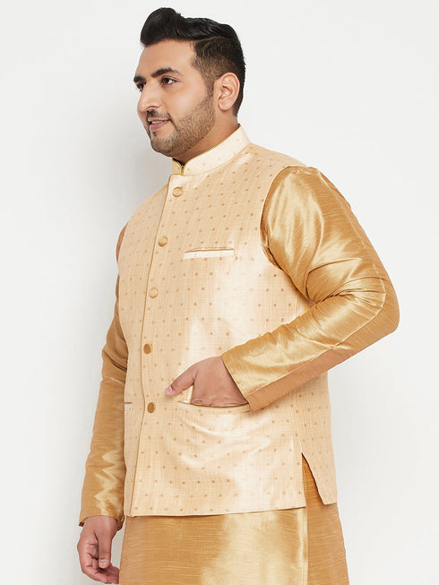 Vastramay Men's Plus Size Gold Zari Weaved Nehru Jacket