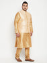 Vastramay Men's Plus Size Gold Zari Weaved Nehru Jacket With Kurta Pyjama set