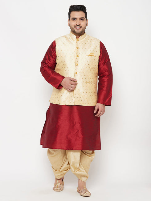 Vastramay PLUS Men's Gold Zari Weaved Nehru Jacket With Kurta Dhoti set