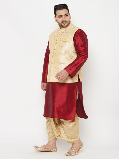 Vastramay PLUS Men's Gold Zari Weaved Nehru Jacket With Kurta Dhoti set