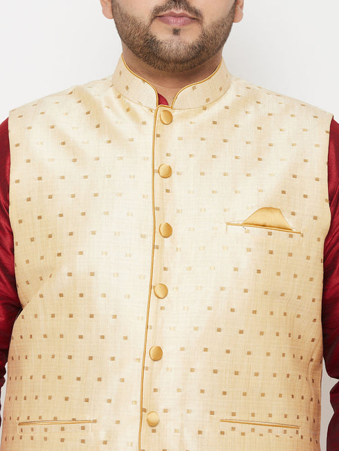 Vastramay PLUS Men's Gold Zari Weaved Nehru Jacket With Kurta Dhoti set