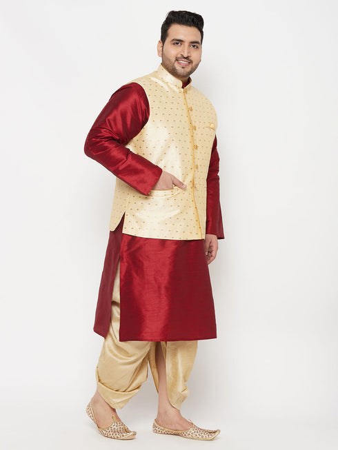 Vastramay PLUS Men's Gold Zari Weaved Nehru Jacket With Kurta Dhoti set