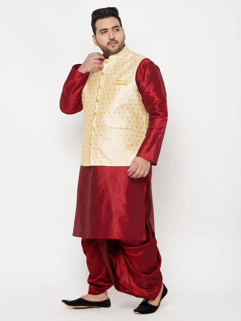 Vastramay PLUS Men's Gold Zari Weaved Nehru Jacket With Kurta Dhoti set