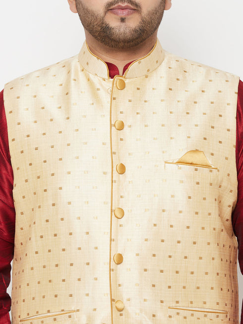 Vastramay PLUS Men's Gold Zari Weaved Nehru Jacket With Kurta Dhoti set