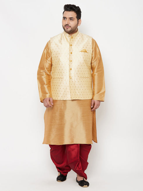 Vastramay PLUS Men's Gold Zari Weaved Nehru Jacket With Kurta Dhoti set