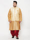 Vastramay PLUS Men's Gold Zari Weaved Nehru Jacket With Kurta Dhoti set