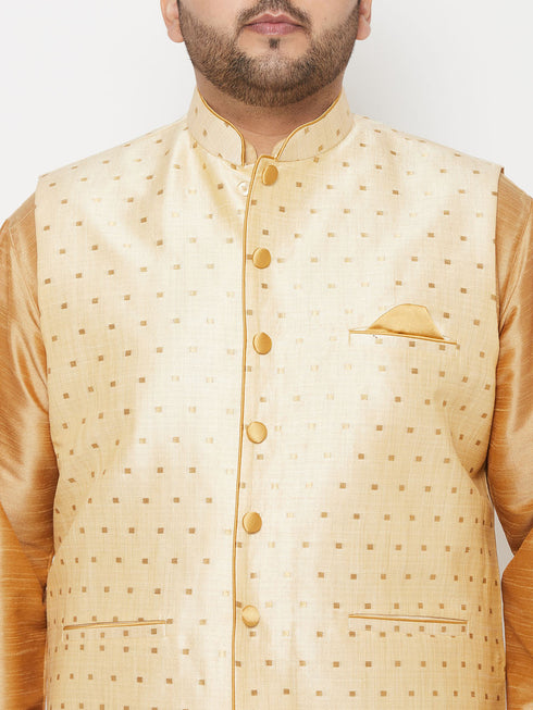 Vastramay PLUS Men's Gold Zari Weaved Nehru Jacket With Kurta Dhoti set