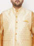 Vastramay PLUS Men's Gold Zari Weaved Nehru Jacket With Kurta Dhoti set