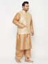 Vastramay PLUS Men's Gold Zari Weaved Nehru Jacket With Kurta Dhoti set