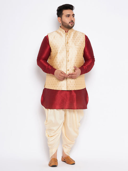 Vastramay Men's Plus Size Gold Zari Weaved Nehru Jacket With Curved Kurta Dhoti set