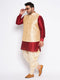 Vastramay Men's Plus Size Gold Zari Weaved Nehru Jacket With Curved Kurta Dhoti set