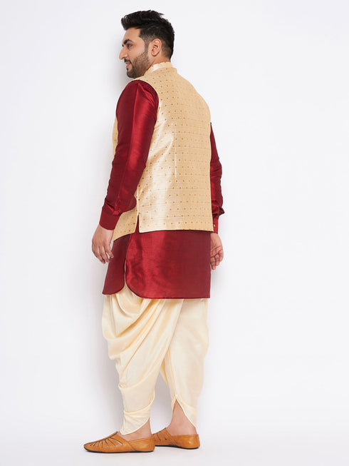 Vastramay Men's Plus Size Gold Zari Weaved Nehru Jacket With Curved Kurta Dhoti set