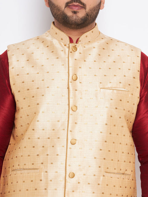 Vastramay Men's Plus Size Gold Zari Weaved Nehru Jacket With Curved Kurta Dhoti set