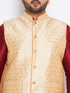 Vastramay Men's Plus Size Gold Zari Weaved Nehru Jacket With Curved Kurta Dhoti set