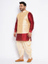 Vastramay Men's Plus Size Gold Zari Weaved Nehru Jacket With Curved Kurta Dhoti set