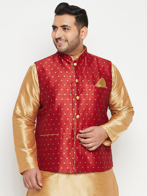 Vastramay Men's Plus Size Maroon Zari Weaved Nehru Jacket