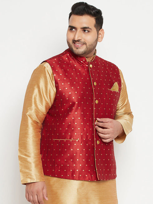 Vastramay Men's Plus Size Maroon Zari Weaved Nehru Jacket