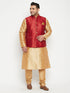 Vastramay Men's Plus Size Maroon Zari Weaved Nehru Jacket With Kurta Pyjama set