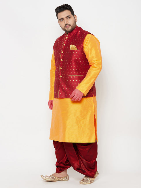 Vastramay PLUS Men's Maroon Zari Weaved Nehru Jacket With Kurta Dhoti set