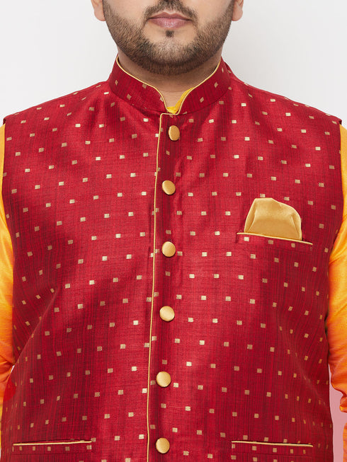 Vastramay PLUS Men's Maroon Zari Weaved Nehru Jacket With Kurta Dhoti set