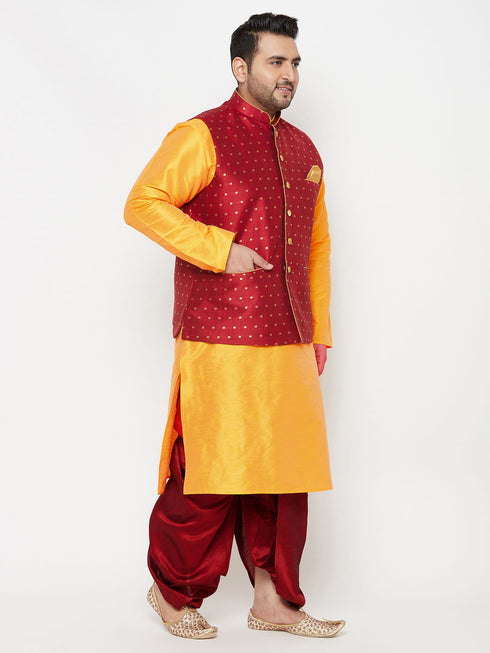 Vastramay PLUS Men's Maroon Zari Weaved Nehru Jacket With Kurta Dhoti set