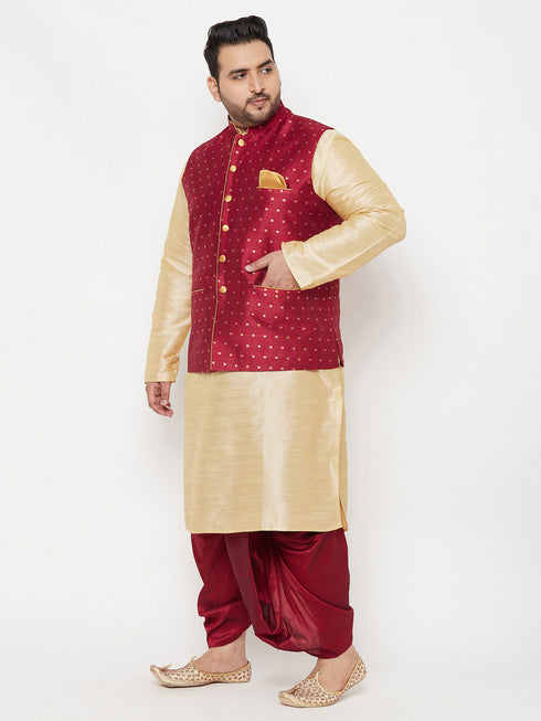 Vastramay PLUS Men's Maroon Zari Weaved Nehru Jacket With Kurta Dhoti set