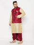Vastramay PLUS Men's Maroon Zari Weaved Nehru Jacket With Kurta Dhoti set