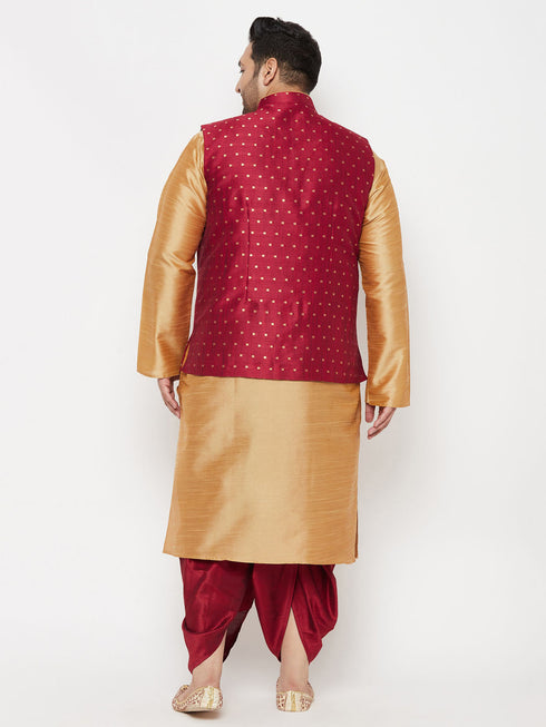 Vastramay PLUS Men's Maroon Zari Weaved Nehru Jacket With Kurta Dhoti set