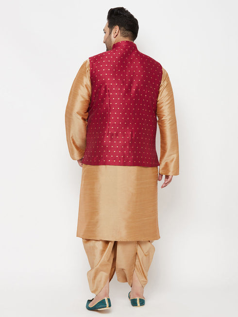 Vastramay PLUS Men's Maroon Zari Weaved Nehru Jacket With Kurta Dhoti set