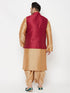 Vastramay PLUS Men's Maroon Zari Weaved Nehru Jacket With Kurta Dhoti set