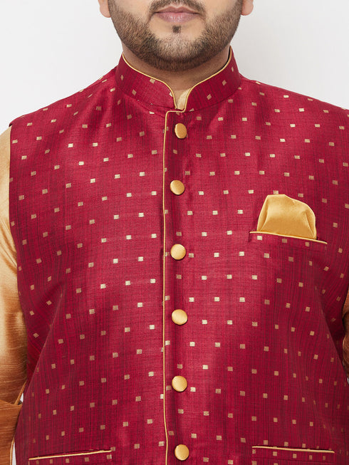 Vastramay PLUS Men's Maroon Zari Weaved Nehru Jacket With Kurta Dhoti set