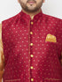 Vastramay PLUS Men's Maroon Zari Weaved Nehru Jacket With Kurta Dhoti set