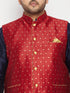 Vastramay Men's Plus Size Maroon Zari Weaved Nehru Jacket With Kurta Pyjama set