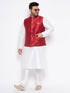 Vastramay Men's Plus Size Maroon Zari Weaved Nehru Jacket With Kurta Pyjama set