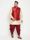 Vastramay Men's Plus Size Gold Zari Weaved Nehru Jacket With Curved Kurta Dhoti set