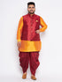 Vastramay Men's Plus Size Maroon Zari Weaved Nehru Jacket With Curved Kurta Dhoti set