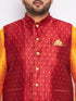 Vastramay Men's Plus Size Maroon Zari Weaved Nehru Jacket With Curved Kurta Dhoti set