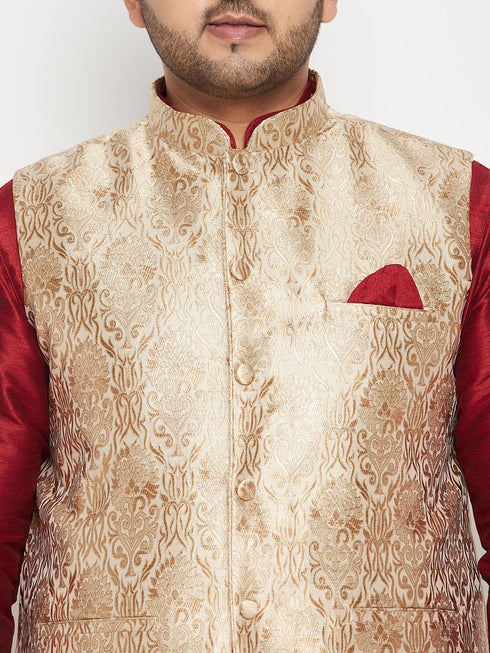 Vastramay Men's Plus Size Maroon and Rose Gold Brocade Silk Blend Jacket Kurta Pyjama Set